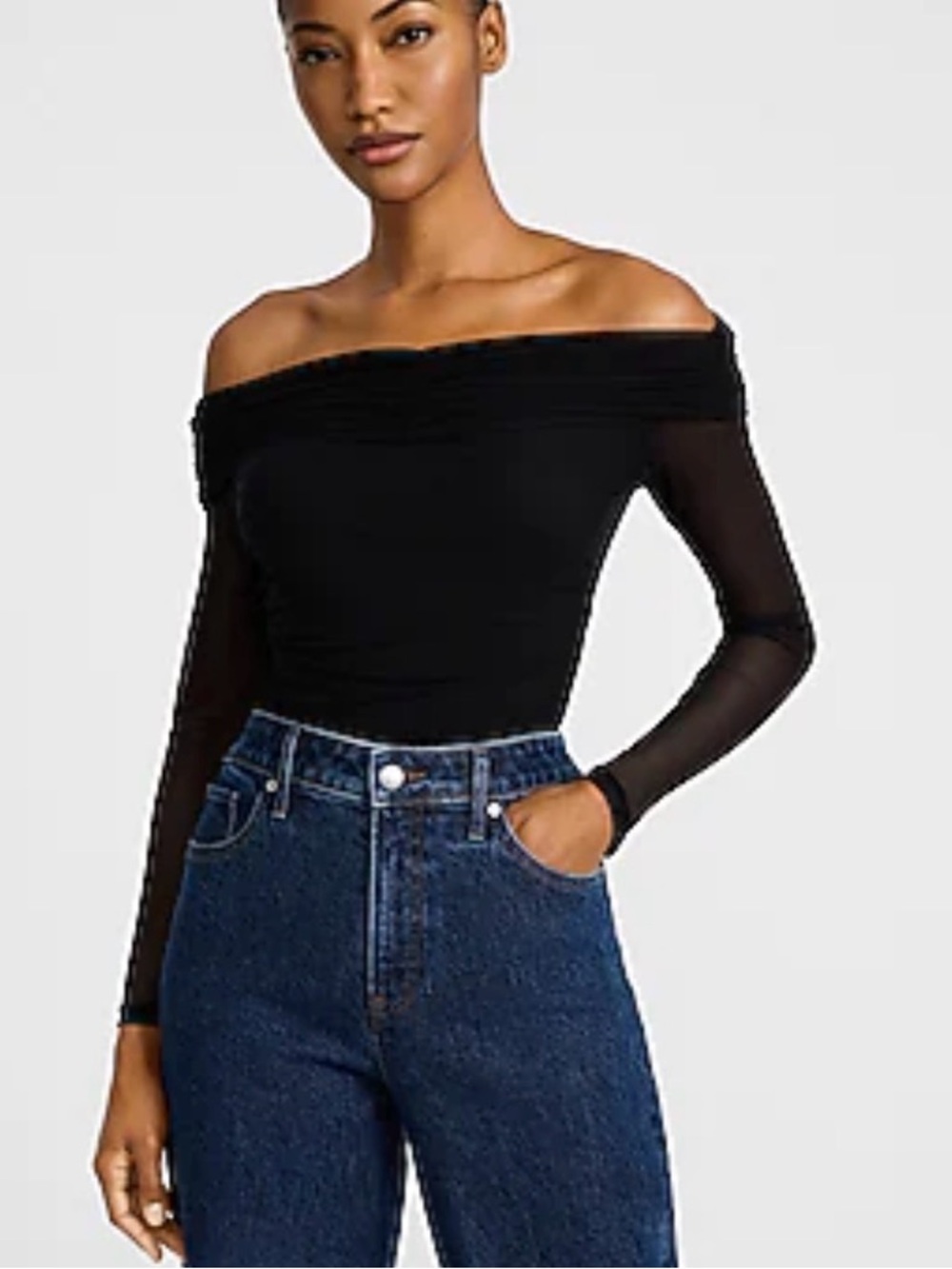Marciano Black Off-Shoulder Mesh Sleeve Top